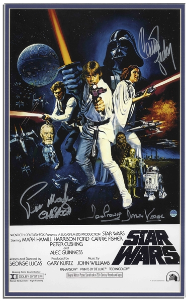 Carrie Fisher, Peter Mayhew and David Prowse Signed 10'' x 16'' ''Star Wars'' Poster -- With Steiner COA